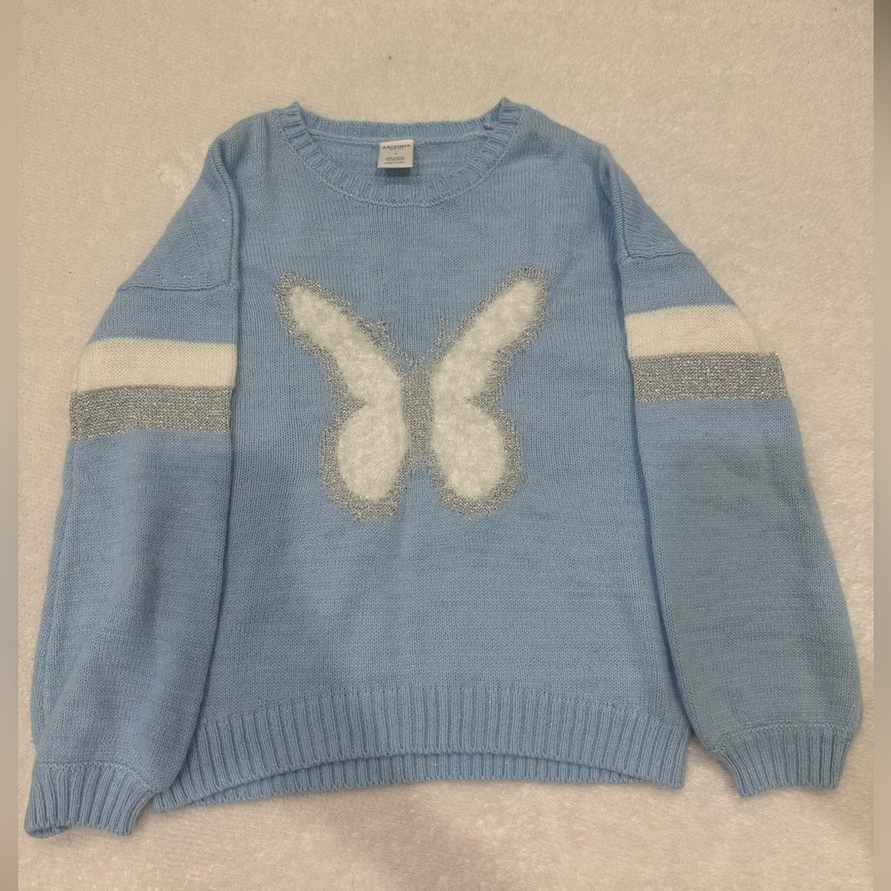 Arizona Jean Co Blue Fuzzy Butterfly Sweater Girls Small